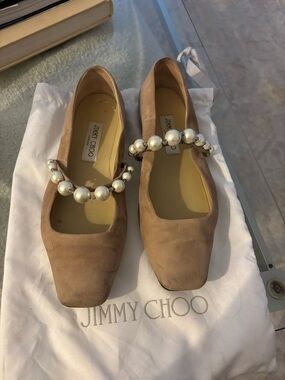 Jimmy Choo Taupe Suede Pearl-Strap Mary Jane Flats